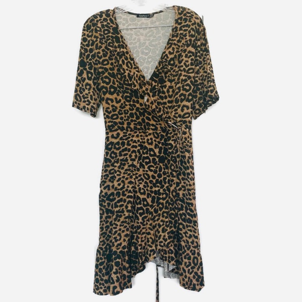BOOHOO | leopard print faux wrap dress